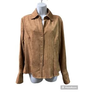 Vintage Cato Womens Blouse Size M Tan Faux Suede Button Down Long Sleeve